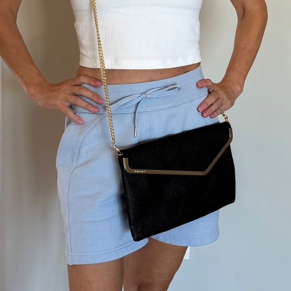 Henri Bendel Leather Clutch Black with Gold Trim and Chain - Picture 7 of 9